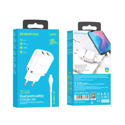 Borofone Aspiring DBN4 töltő adapter 2xUSB 2.4A + USB - micro USB töltő kábel fehér - 4