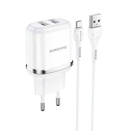 Borofone Aspiring DBN4 töltő adapter 2xUSB 2.4A + USB - micro USB töltő kábel fehér - 1