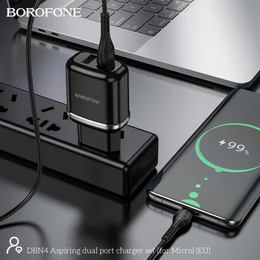 Borofone Aspiring DBN4 töltő adapter 2xUSB 2.4A + USB - micro USB töltő kábel fekete - 3