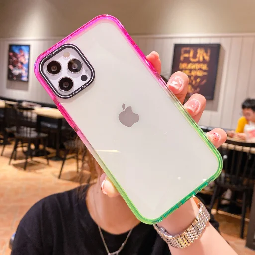 iPhone 13 Pro Max átlátszó TPU tok rózsaszín-zöld színátmenetes kerettel Alphajack - 2