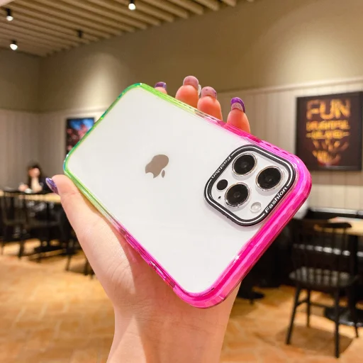 iPhone 13 Pro Max átlátszó TPU tok rózsaszín-zöld színátmenetes kerettel Alphajack - 3