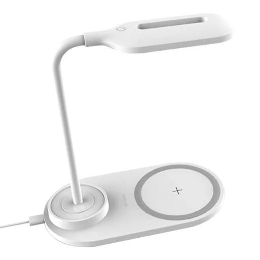 Vezetékes asztali LED lámpa flexibilis fejjel és vezeték nélküli Qi telefon töltéssel fehér - 2