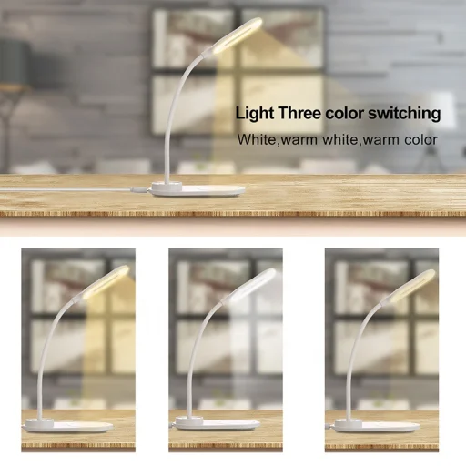 Vezetékes asztali LED lámpa flexibilis fejjel és vezeték nélküli Qi telefon töltéssel fehér - 4