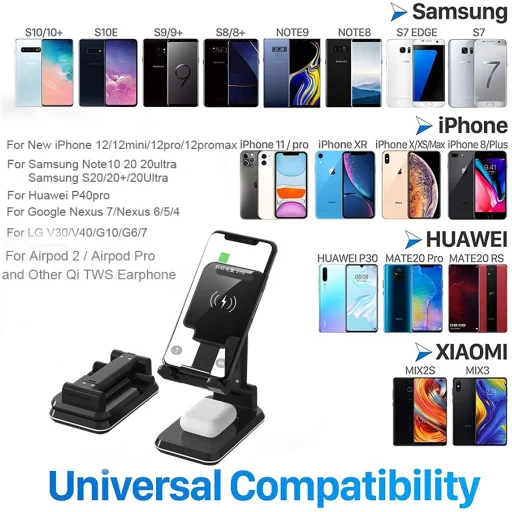 Összecsukható 2in1 Vezeték nélküli Qi 10W gyorstöltő állvány, töltőállomás fekete - 3