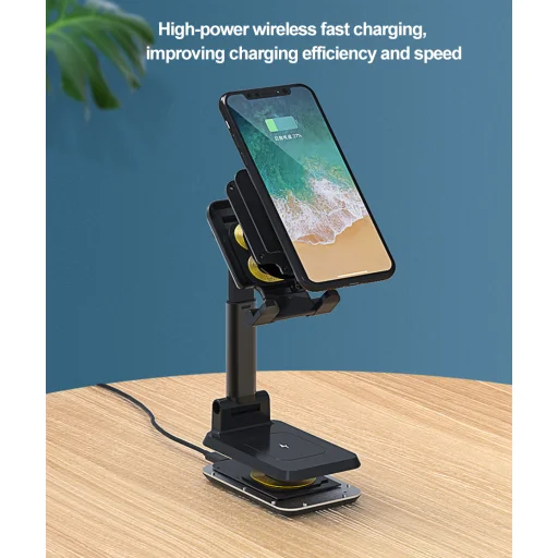 Összecsukható 2in1 Vezeték nélküli Qi 10W gyorstöltő állvány, töltőállomás fekete - 5
