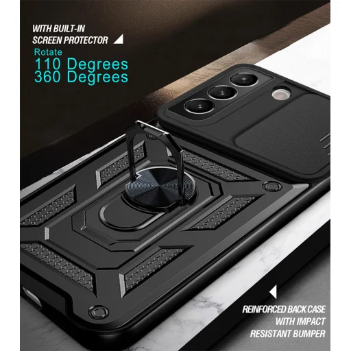 Samsung Galaxy S22 Plus Ring Lens tok kameralencse védővel, kihajtható mágneses támasszal rose gold Alphajack - 9