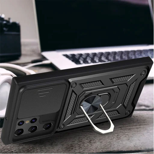 Samsung Galaxy S22 Ultra Ring Lens tok kameralencse védővel, kihajtható mágneses támasszal rose gold Alphajack - 7