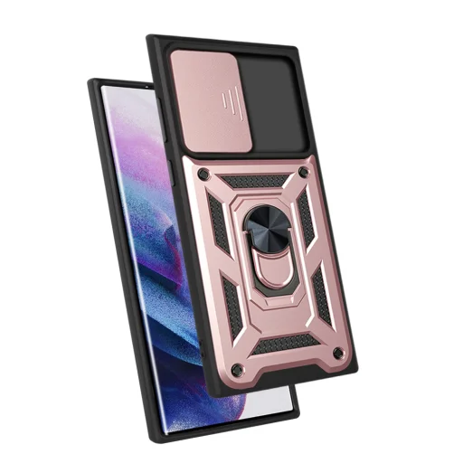 Samsung Galaxy S22 Ultra Ring Lens tok kameralencse védővel, kihajtható mágneses támasszal rose gold Alphajack - 8