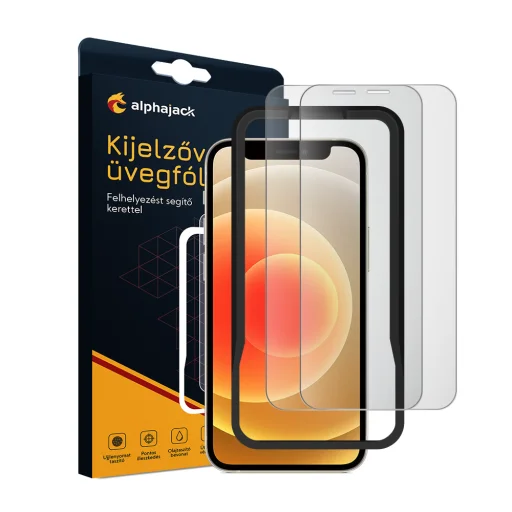 iPhone 14 Pro/15 2db kijelzővédő üvegfólia, felhelyezést segítő kerettel 9H 2.5D HD 0.33mm Alphajack - 1