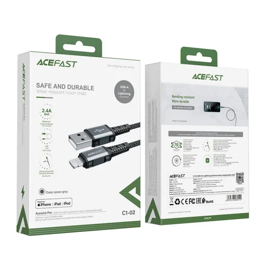 Acefast C1-02 MFI kábel USB - Lightning 2.4A 1,2 m szürke - 2