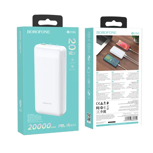 Borofone Incredible BJ19A Powerbank 20000mAh USB 3.0 + TYP C PD 20W QC 3.0 18W fehér - 4