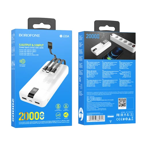 Borofone Mobile BJ20A Powerbank 20000mAh 2XUSB + 3 az 1-ben kábel microUSB, Type C, Lightning fehér - 4