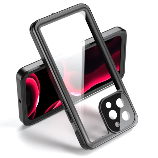 iPhone 13 Pro Max 360 fokos védelmet biztosító IP68 vízálló tok kijelzővédővel, átlátszó, fekete-szürke kerettel - 4