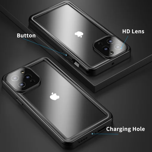 iPhone 13 Pro Max 360 fokos védelmet biztosító IP68 vízálló tok kijelzővédővel, átlátszó, fekete-szürke kerettel - 5