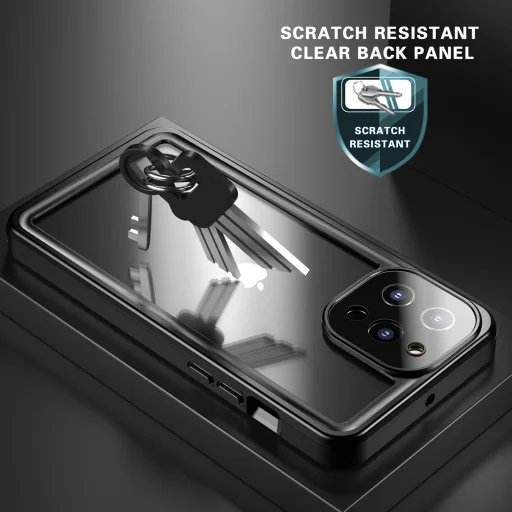 iPhone 13 Pro Max 360 fokos védelmet biztosító IP68 vízálló tok kijelzővédővel, átlátszó, fekete-szürke kerettel - 6