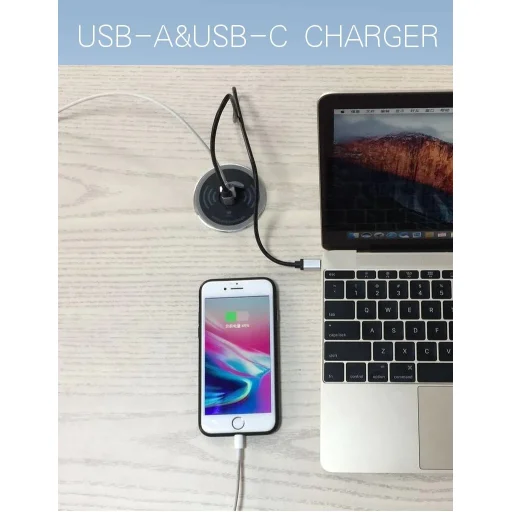 Bútorba építhető vezeték nélküli töltő, USB portokkal (Type-C, USB-A) 60mm - 9
