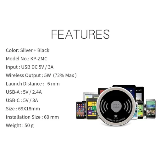 Bútorba építhető vezeték nélküli töltő, USB portokkal (Type-C, USB-A) 60mm - 4