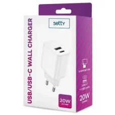 Setty Hálózati töltő adapter USB / USB Type-C 3A 20W fehér