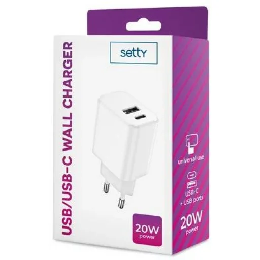 Setty Hálózati töltő adapter USB / USB Type-C 3A 20W fehér - 3