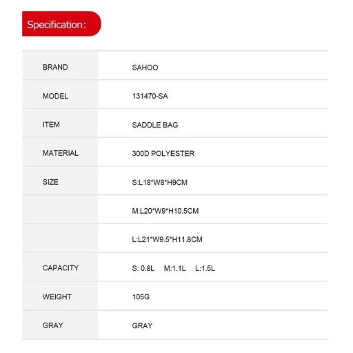 Kerékpártáska / biciklitáska ülés alatt cipzárral 1,5L (SAHOO 131470L-SA) - 2