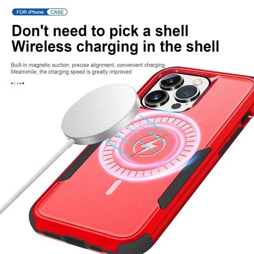 iPhone 13 Pro 3 az 1-ben ütésálló MagSafe-kompatibilis mágneses tok piros-fekete Alphajack - 6