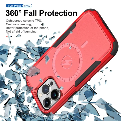 iPhone 13 Pro 3 az 1-ben ütésálló MagSafe-kompatibilis mágneses tok piros-fekete Alphajack - 7