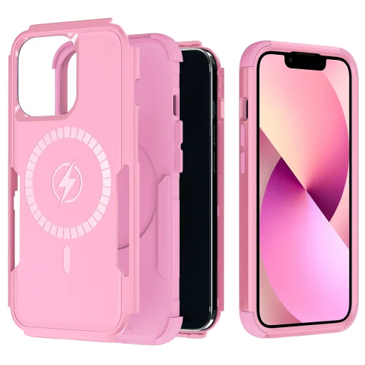 iPhone 13 Pro 3 az 1-ben ütésálló MagSafe-kompatibilis mágneses tok rózsaszín Alphajack - 3