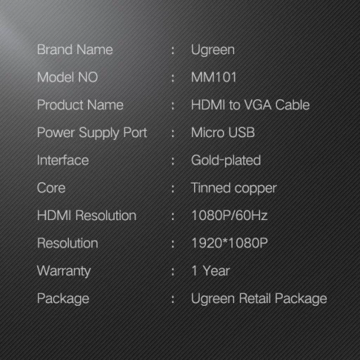 Ugreen átalakító adapter, konverter HDMI - VGA micro USB tápellátással 1.5m fekete (MM101) - 3