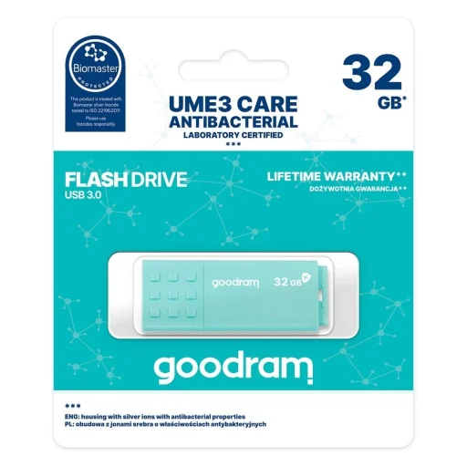 GOODRAM Pendrive 32GB, UME3 CARE USB 3.1, világoszöld (Antibakteriális ház) - 1