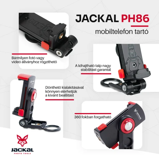 Jackal PH86 mobiltelefon tartó, rögzítő 1/4'' furatokkal (56-86 mm) - 5