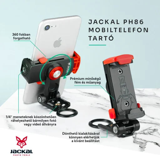Jackal PH86 mobiltelefon tartó, rögzítő 1/4'' furatokkal (56-86 mm) - 6