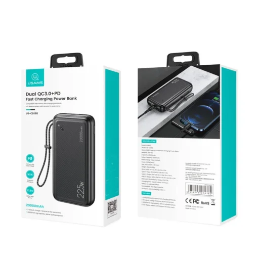 Usams US-CD168 Power Bank 20000mAh PB60 22.5W 2xUSB QC3.0 + USB-C PD3.0 + Micro USB fekete - 3