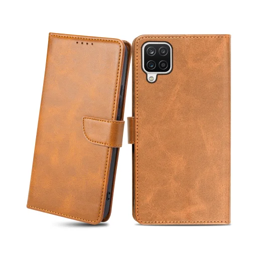 Samsung Galaxy A12 mágneses PU bőr fliptok kártyatartóval világosbarna Alphajack - 1