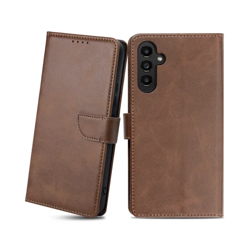 Samsung Galaxy A13 4G mágneses PU bőr fliptok kártyatartóval sötétbarna Alphajack - 1