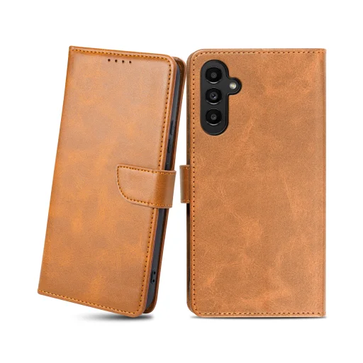 Samsung Galaxy A13 5G mágneses PU bőr fliptok kártyatartóval világosbarna Alphajack - 1