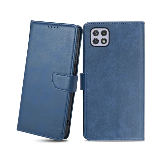 Samsung Galaxy A22 5G mágneses PU bőr fliptok kártyatartóval kék Alphajack - 1