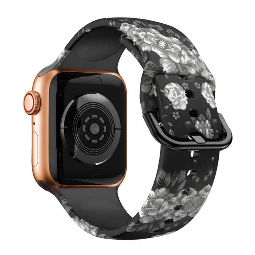 Apple Watch 38/40/41mm szilikon óraszíj virág mintás fekete-fehér mintás Alphajack - 1