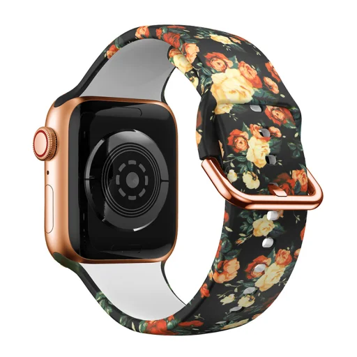 Apple Watch 38/40/41mm szilikon óraszíj virág mintás fekete-sárga-piros Alphajack - 1