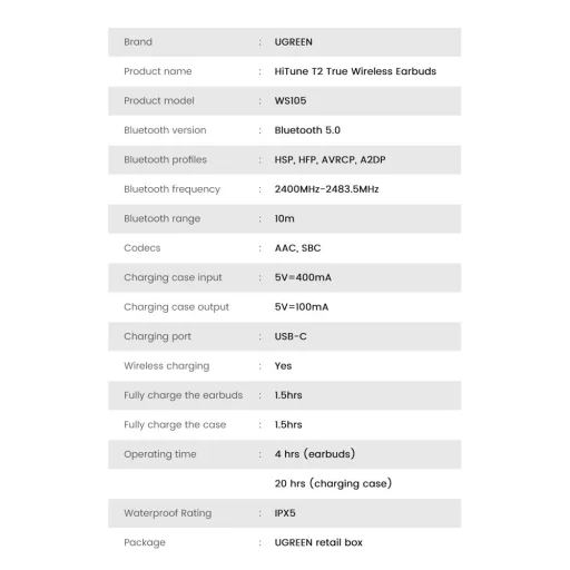 Ugreen HiTune T2 ENC vízálló vezeték nélküli Bluetooth 5.0 fülhallgató fekete (WS105) - 10