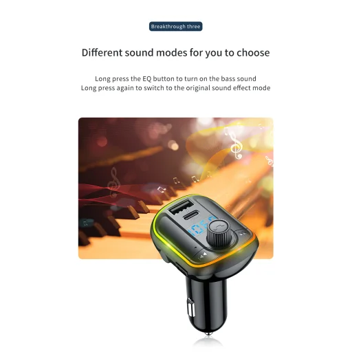 HG szivargyújtós autós töltő 1x USB QC3.0, 1x USB Type-C PD18W FM Transmitter RGB LED világítással - 5