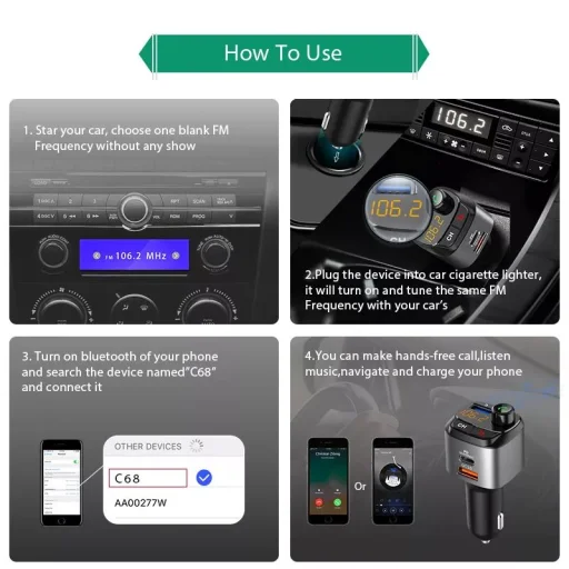 Bluetooth FM Transmitter, szivargyújtós autós töltő 1x USB, 1x USB QC3.0, 1x USB Type-C PD18W (C68) - 8