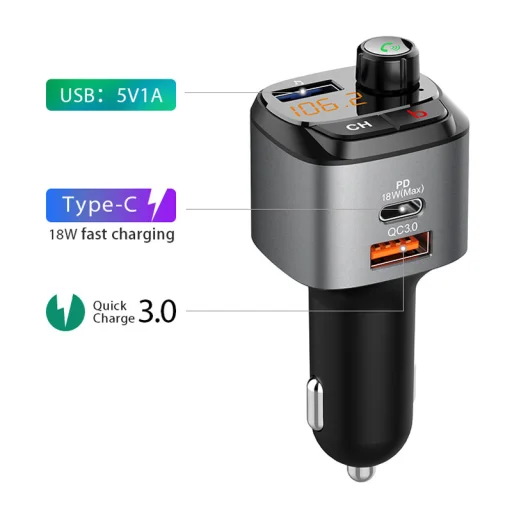 Bluetooth FM Transmitter, szivargyújtós autós töltő 1x USB, 1x USB QC3.0, 1x USB Type-C PD18W (C68) - 3