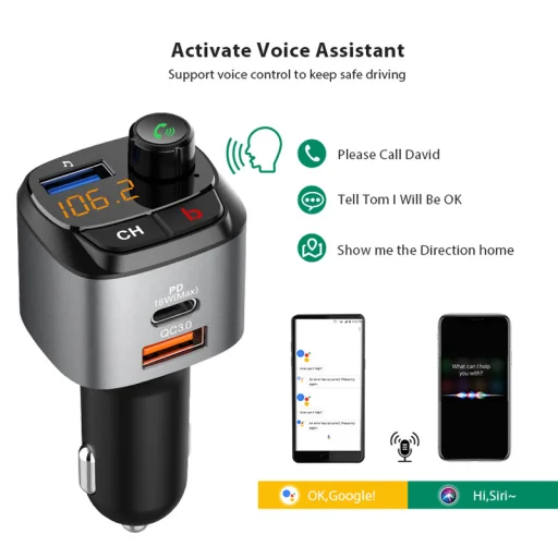 Bluetooth FM Transmitter, szivargyújtós autós töltő 1x USB, 1x USB QC3.0, 1x USB Type-C PD18W (C68) - 4