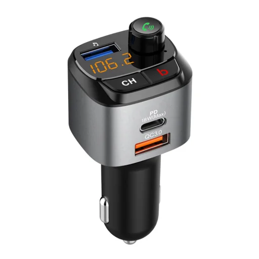 Bluetooth FM Transmitter, szivargyújtós autós töltő 1x USB, 1x USB QC3.0, 1x USB Type-C PD18W (C68) - 1