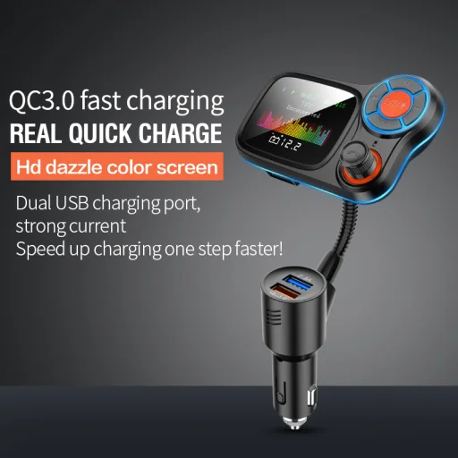 Bluetooth FM Transmitter, szivargyújtós autós töltő 1x USB, 1x USB QC3.0 színes kijelzővel, hangulatvilágítással (T831) - 2