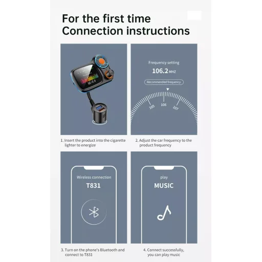 Bluetooth FM Transmitter, szivargyújtós autós töltő 1x USB, 1x USB QC3.0 színes kijelzővel, hangulatvilágítással (T831) - 11