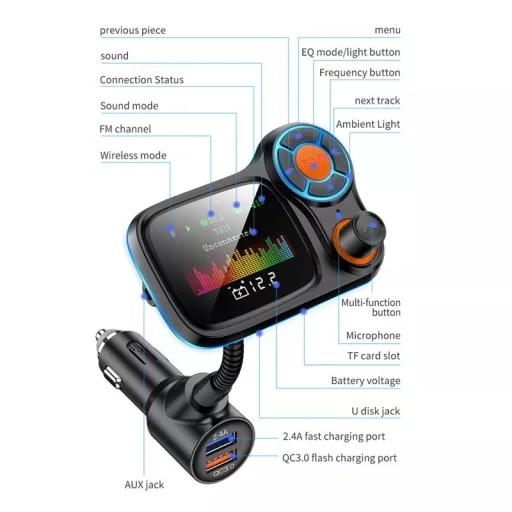 Bluetooth FM Transmitter, szivargyújtós autós töltő 1x USB, 1x USB QC3.0 színes kijelzővel, hangulatvilágítással (T831) - 12