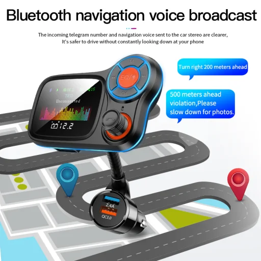 Bluetooth FM Transmitter, szivargyújtós autós töltő 1x USB, 1x USB QC3.0 színes kijelzővel, hangulatvilágítással (T831) - 4