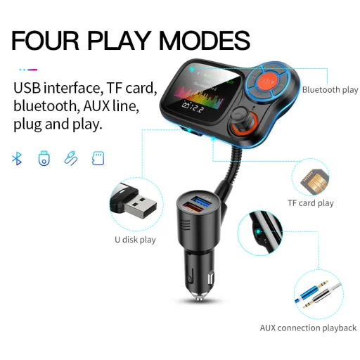 Bluetooth FM Transmitter, szivargyújtós autós töltő 1x USB, 1x USB QC3.0 színes kijelzővel, hangulatvilágítással (T831) - 6