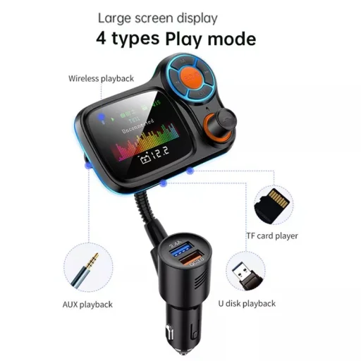 Bluetooth FM Transmitter, szivargyújtós autós töltő 1x USB, 1x USB QC3.0 színes kijelzővel, hangulatvilágítással (T831) - 8